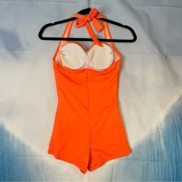 Women's One Piece Tummy Control Swimwear Boyleg Ruched Swimsuit Orange Small - Picture 3 of 8